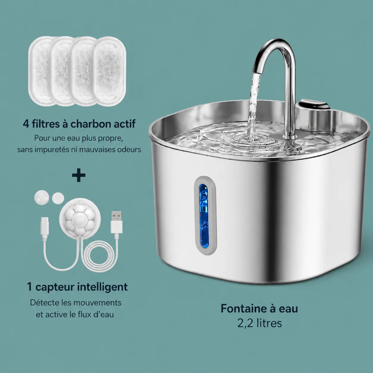 Fontaine à eau chat — Inox premium silencieuse 2.2L