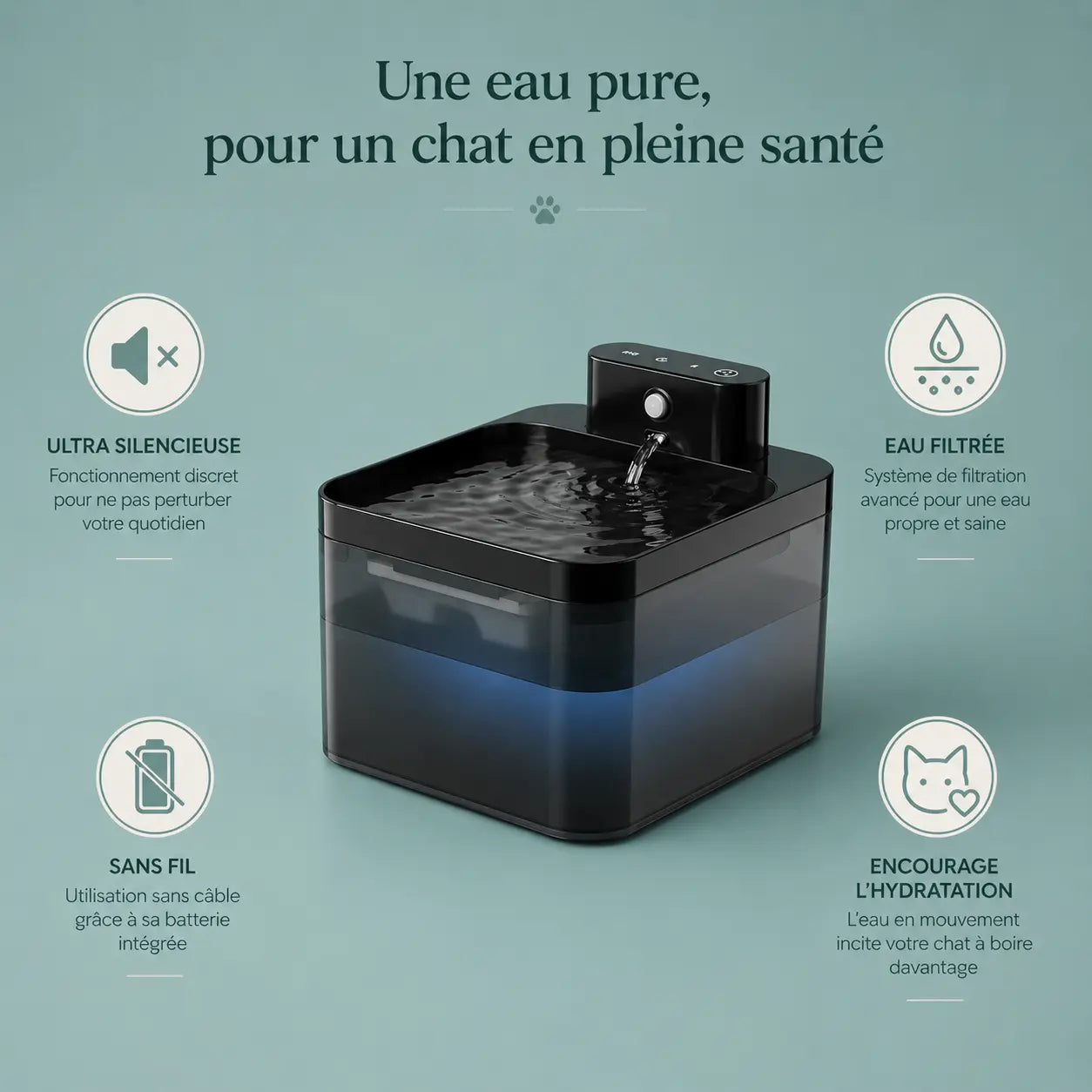 Fontaine à eau automatique noir avec 3 filtres inclus