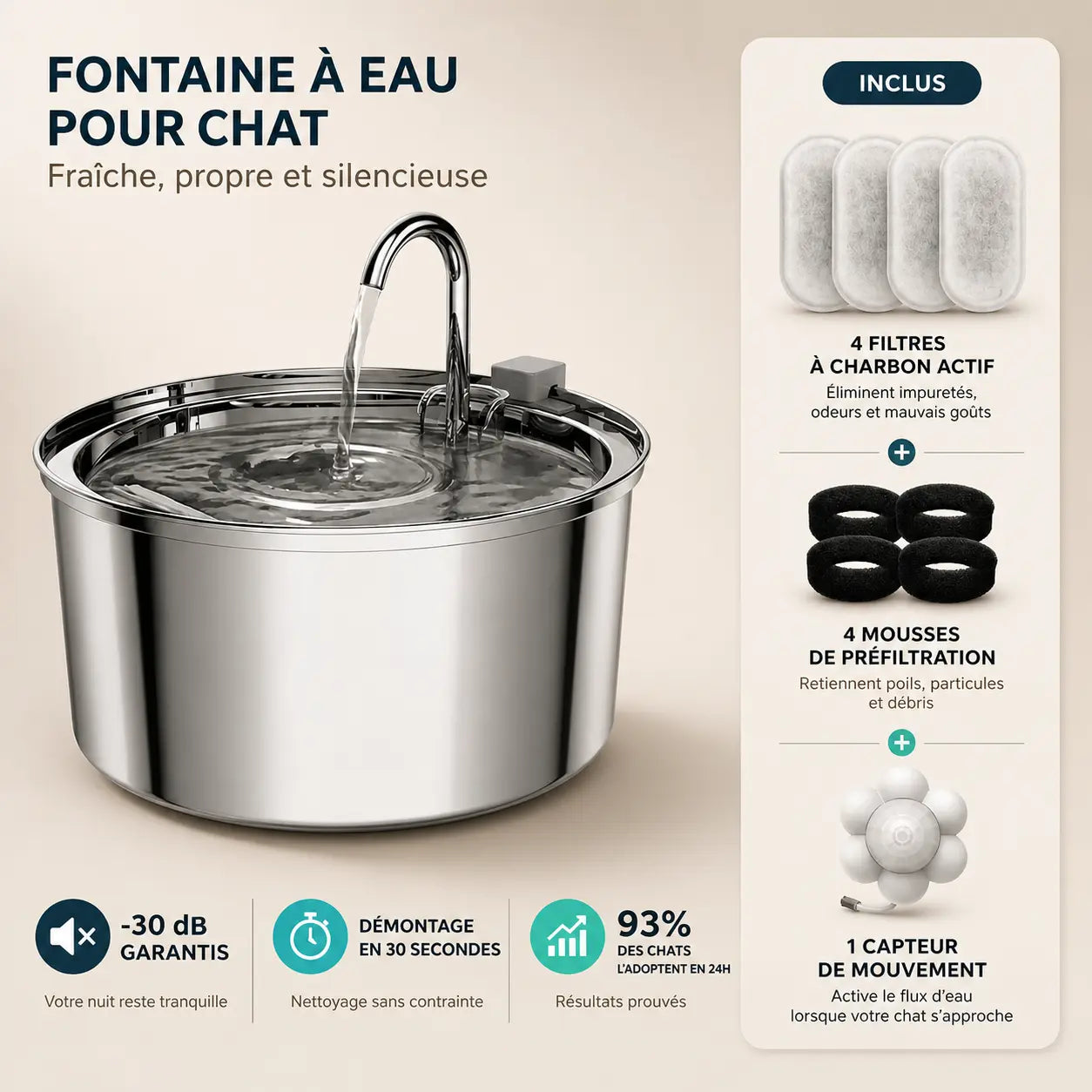 Fontaine à eau chat inox silencieuse 3L premium